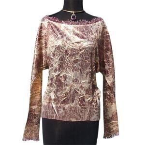 Cache Luxe Crinkle Bronze Metallic Split Sleeve Top Lace Trim Stretch $198 NWT